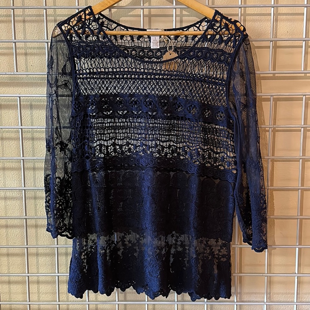 Chicos navy sheer lace top